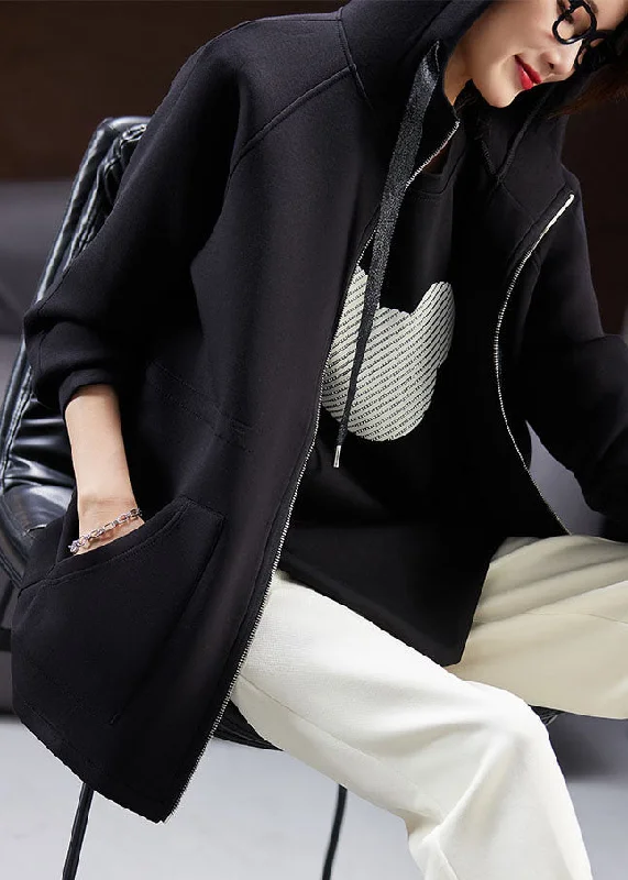 Plus Size Black Drawstring Zippered Hooded Coat Fall Solid Print Jacquard
