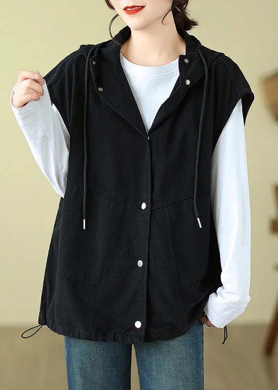 Plus Size Black Hooded Button Drawstring Cotton Waistcoat Sleeveless Trendy Quilted Waistcoat Vest Plus Size Black Hooded Button Drawstring Cotton Waistcoat Sleeveless Trendy Quilted Waistcoat Vest