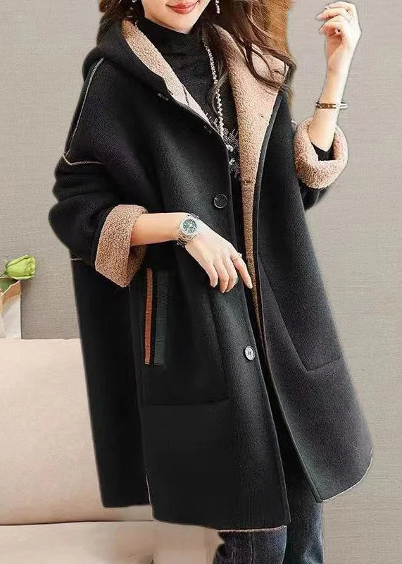 Plus Size Black Hooded Pockets Patchwork Woolen Coat Winter Three-Quarter Sleeve Elbow Sleeve Wrist Sleeve