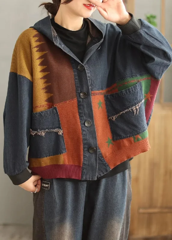 Plus Size Blue Hooded Pockets Patchwork Denim Coat Spring Herringbone Houndstooth Plaid Plus Size Blue Hooded Pockets Patchwork Denim Coat Spring Herringbone Houndstooth Plaid