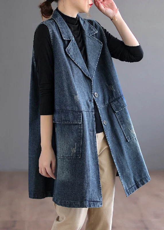 Plus Size Blue Peter Pan Collar Pockets Denim Waistcoat Long Sleeve Elegant Cashmere Waistcoat Vest
