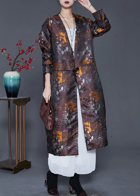 Plus Size Brown Oversized Print Cotton Filled Silk Coat Outwear Spring Cotton Linen Terry Plus Size Brown Oversized Print Cotton Filled Silk Coat Outwear Spring Cotton Linen Terry