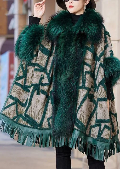 Plus Size Green Fox Collar Pockets Leather And Fur Coat Long Sleeve Elasticated Drawstring Belted Plus Size Green Fox Collar Pockets Leather And Fur Coat Long Sleeve Elasticated Drawstring Belted