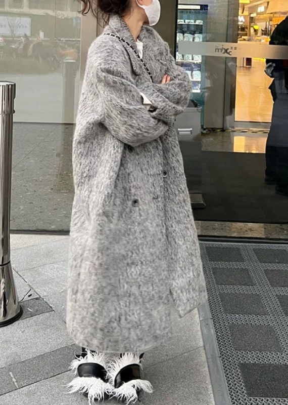 Plus Size Grey Peter Pan Collar Pockets Patchwork Ma Hai Mao Coat Winter Off-the-Shoulder Jacket Double-Breasted Coat Single-Breasted Coat