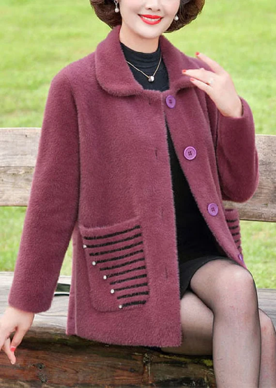 Plus Size Purple Peter Pan Collar Striped Pockets Mink Hair Knitted Coat Winter Embroidered Appliqued Beaded Plus Size Purple Peter Pan Collar Striped Pockets Mink Hair Knitted Coat Winter Embroidered Appliqued Beaded