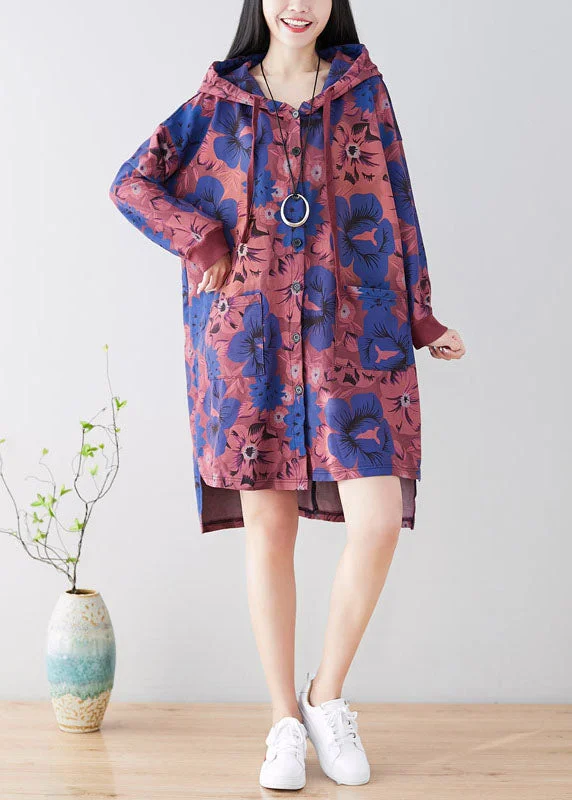 Purple Print Patchwork Cotton Hooded Coat Spring Cotton Linen Terry
