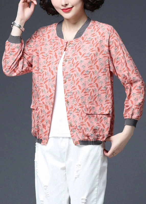 Red Button Pockets Print Coat Long Sleeve Pleated Ruffled tiered
