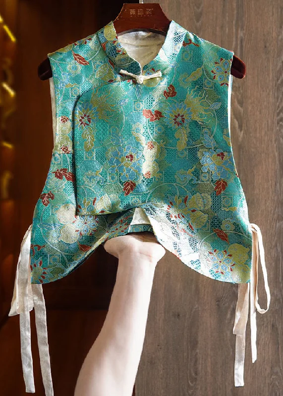 Retro Blue Stand Collar Asymmetrical Side Open Silk Waistcoat Sleeveless Warm Padded Waistcoat Vest Retro Blue Stand Collar Asymmetrical Side Open Silk Waistcoat Sleeveless Warm Padded Waistcoat Vest