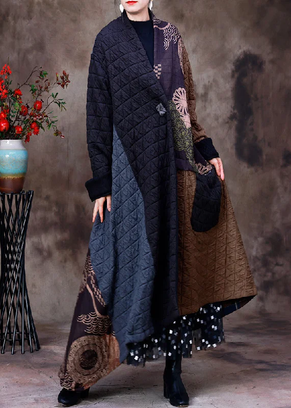 Retro Coffee Patchwork Black Colour V Neck Asymmetrical Button Pockets Print Cotton Thick Maxi Coat Long Sleeve Chenille Brocade Lace Retro Coffee Patchwork Black Colour V Neck Asymmetrical Button Pockets Print Cotton Thick Maxi Coat Long Sleeve Chenille Brocade Lace