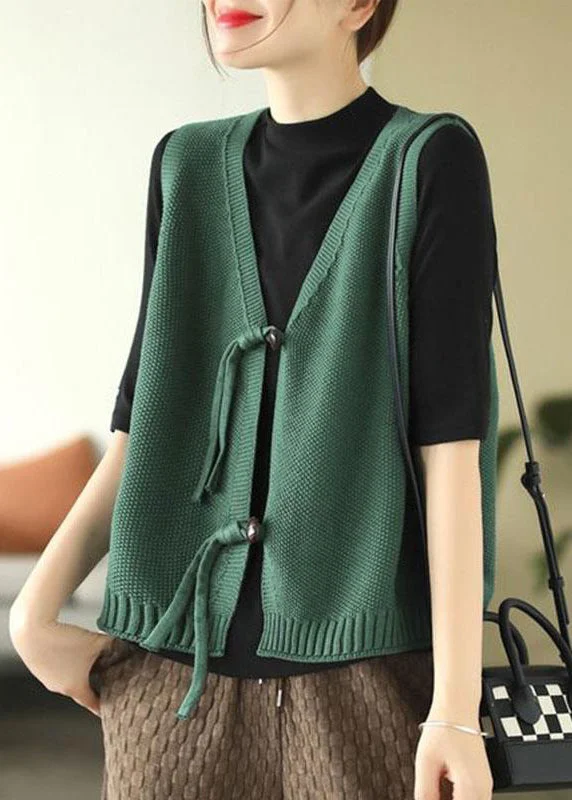 Retro Green V Neck Button Knit Waistcoat Sleeveless Cozy Fitted Waistcoat Vest