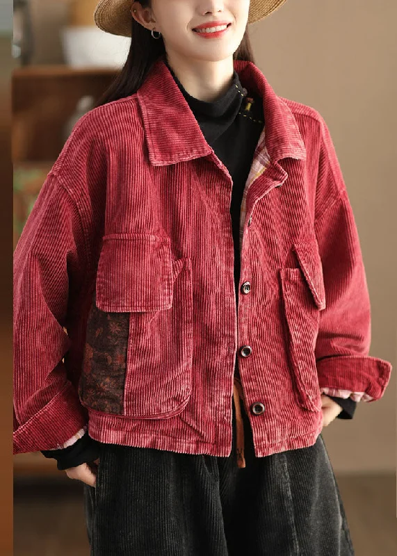 Retro Red Peter Pan Collar Pockets Patchwork Button Corduroy Coat Long Sleeve Chenille Brocade Lace Retro Red Peter Pan Collar Pockets Patchwork Button Corduroy Coat Long Sleeve Chenille Brocade Lace
