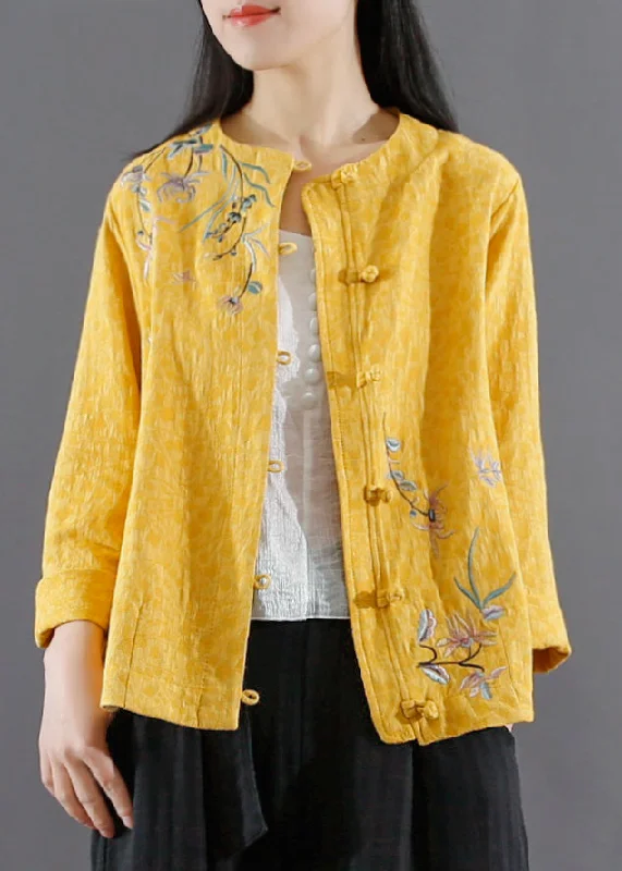 Retro Yellow O Neck Embroideried Cotton Short Coat Spring Embroidered Appliqued Beaded Retro Yellow O Neck Embroideried Cotton Short Coat Spring Embroidered Appliqued Beaded