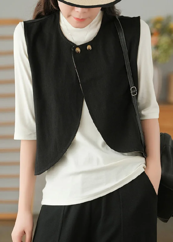 Simple Black O-Neck Button Waistcoat Sleeveless Casual Denim Waistcoat Vest