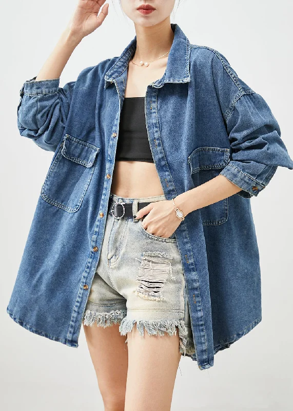 Simple Blue Oversized Pockets Denim Coat Outwear Fall Cuffed Rolled Raglan