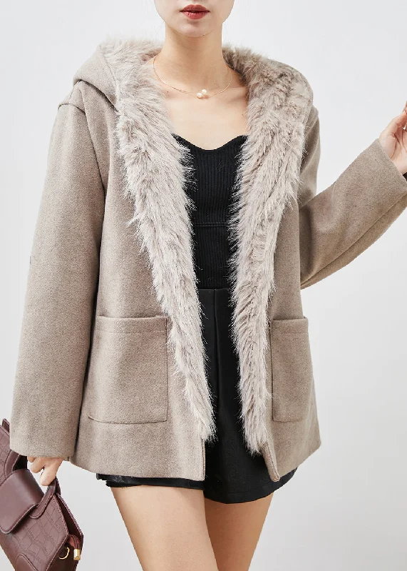 Simple Khaki Hooded Pockets Woolen Coat Fuzzy Fox Lined Winter Buttoned Zippered Snapped Simple Khaki Hooded Pockets Woolen Coat Fuzzy Fox Lined Winter Buttoned Zippered Snapped