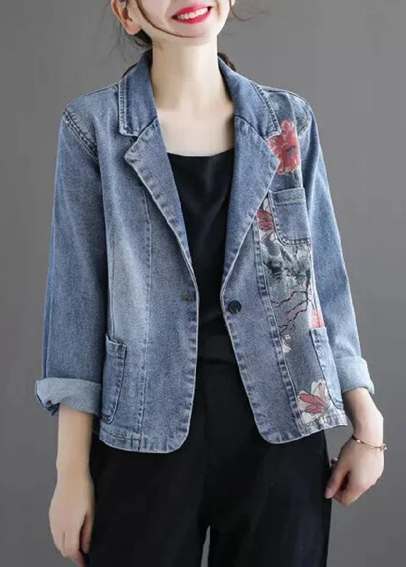 Slim Fit Light Blue Notched Collar Pockets Print Denim Coat Spring Parka Anorak Hoodie Slim Fit Light Blue Notched Collar Pockets Print Denim Coat Spring Parka Anorak Hoodie