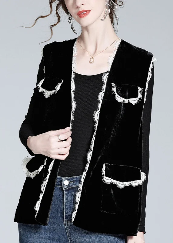 Style Black V Neck Lace Patchwork Silk Velour Waistcoat Spring Trendy Faux Leather Waistcoat Style Black V Neck Lace Patchwork Silk Velour Waistcoat Spring Trendy Faux Leather Waistcoat
