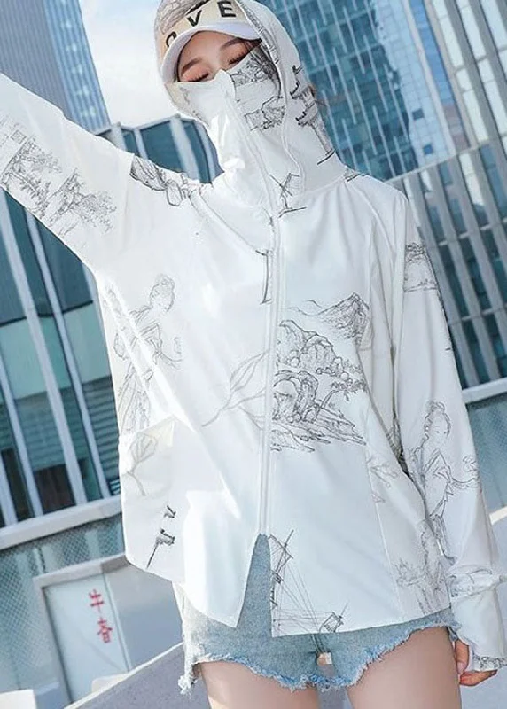Style White Zip Up Pockets Print Patchwork Ice Silk UPF 50+ Coat Summer Denim Leather Suede Style White Zip Up Pockets Print Patchwork Ice Silk UPF 50+ Coat Summer Denim Leather Suede