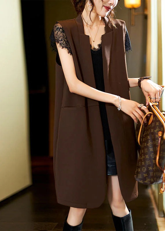 Stylish Coffee V Neck Patchwork Long Waistcoat Sleeveless Comfortable Fleece Waistcoat Jacket Stylish Coffee V Neck Patchwork Long Waistcoat Sleeveless Comfortable Fleece Waistcoat Jacket