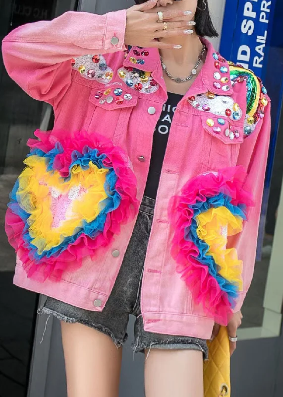 Stylish Rose Ruffled Zircon Sequins Patchwork Denim Coat Spring Boat Shawl Notched