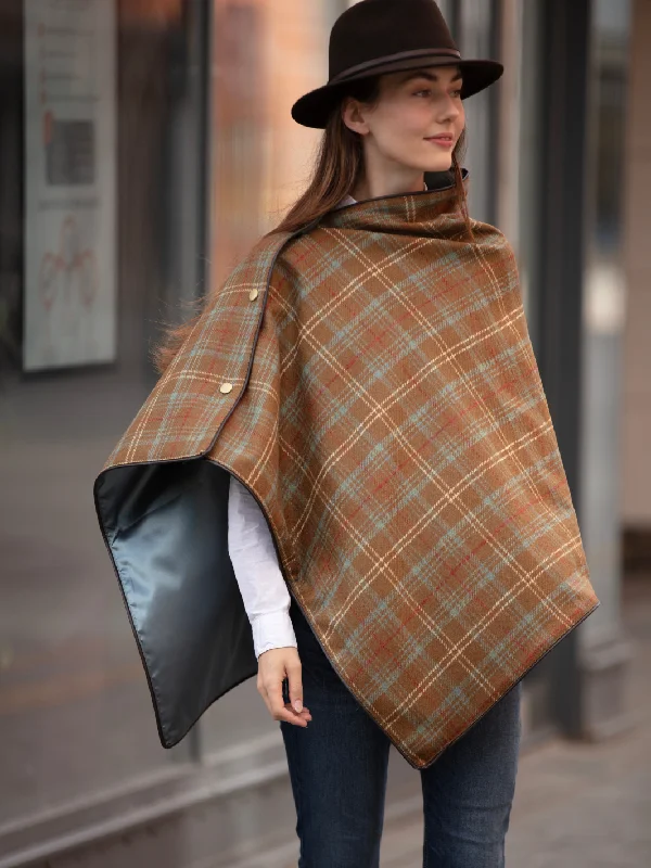 Tweed Shawl - Brown Blue Check Warm Wool Shawl Cape
