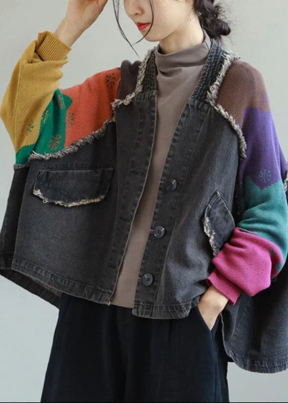 Unique Blue Denim Patchwork Knit Pockets Button Fall Coat Long sleeve Fitted Loose Oversized Unique Blue Denim Patchwork Knit Pockets Button Fall Coat Long sleeve Fitted Loose Oversized