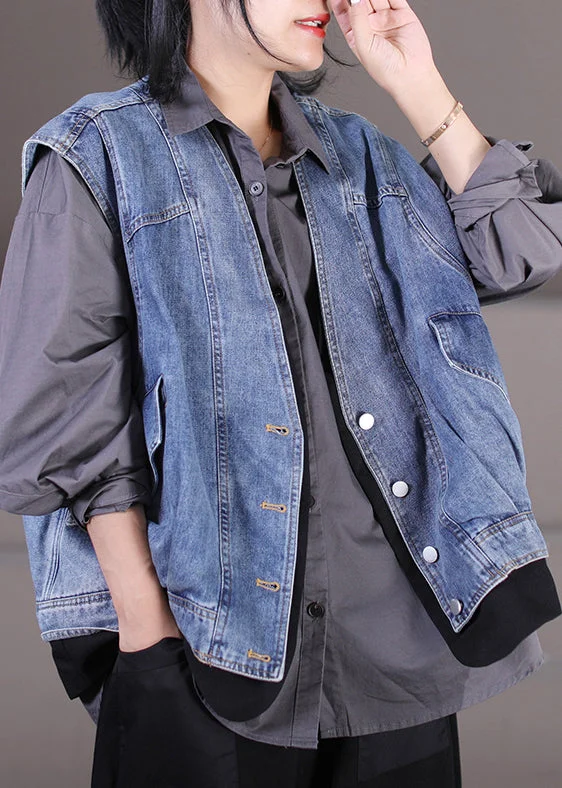 Unique Light Blue V Neck Patchwork Pockets Fake Two Pieces Denim Waistcoat Sleeveless Stylish Sleeveless Wool Waistcoat Unique Light Blue V Neck Patchwork Pockets Fake Two Pieces Denim Waistcoat Sleeveless Stylish Sleeveless Wool Waistcoat