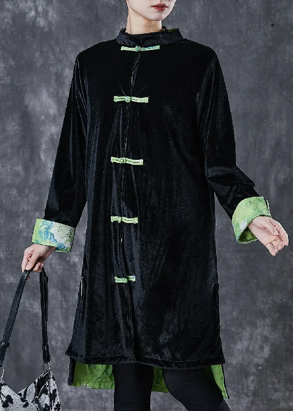 Vintage Black Chinese Button Silk Velvet Coat Outwear Spring Wool Cashmere Tweed
