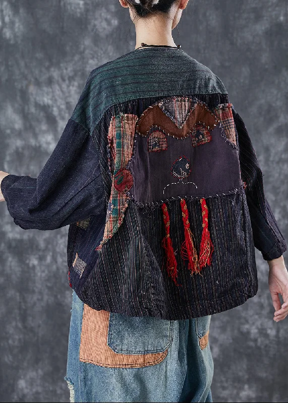 Vintage Black Oversized Patchwork Applique Cotton Coat Outwear Spring Plaid Tartan Floral Vintage Black Oversized Patchwork Applique Cotton Coat Outwear Spring Plaid Tartan Floral
