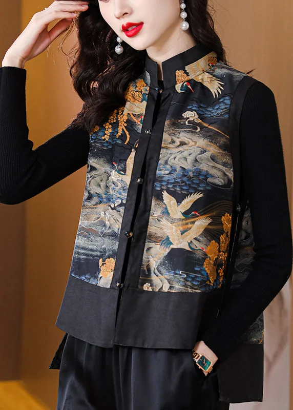 Vintage Black Stand Collar Print Button Velour Waistcoat Spring Elegant Longline Waistcoat Vest Vintage Black Stand Collar Print Button Velour Waistcoat Spring Elegant Longline Waistcoat Vest