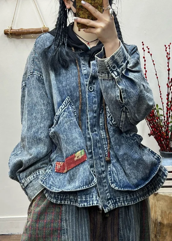 Vintage Blue Button Pockets Patchwork Denim Coat Fall Asymmetrical Collar Hooded Zippered Vintage Blue Button Pockets Patchwork Denim Coat Fall Asymmetrical Collar Hooded Zippered