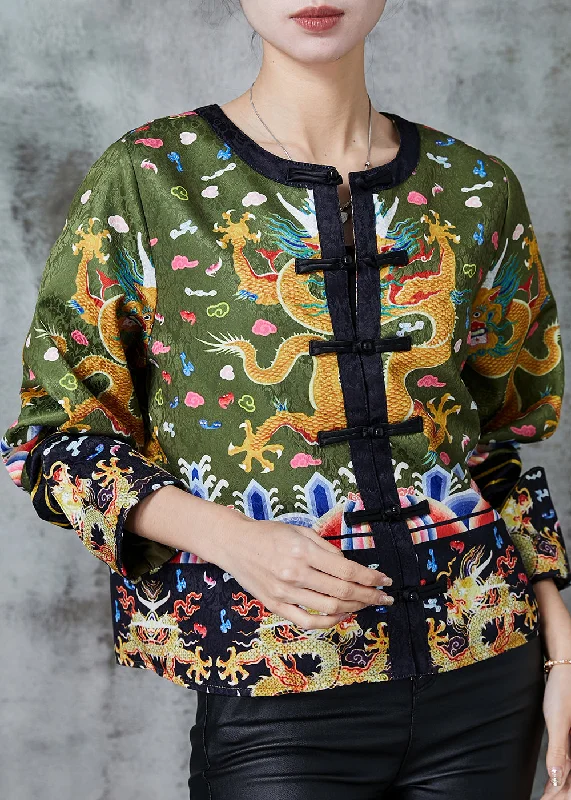 Vintage Green Embroidered Patchwork Silk Coat Spring Pockets Sleeves Lining