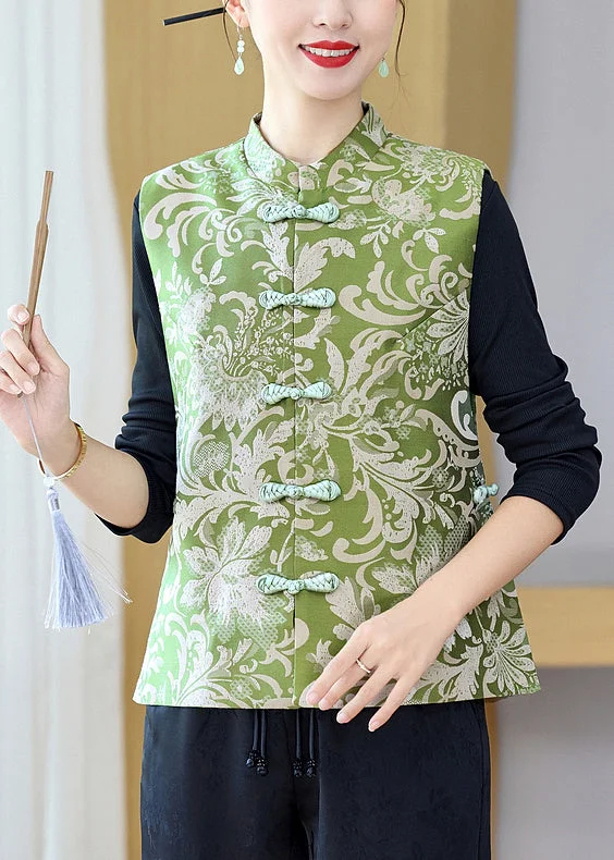 Vintage Green Stand Collar Print Button Silk Waistcoat Sleeveless Trendy Military Waistcoat Jacket Vintage Green Stand Collar Print Button Silk Waistcoat Sleeveless Trendy Military Waistcoat Jacket