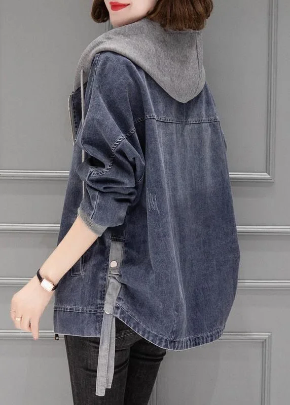Vintage Grey Blue Patchwork Drawstring Hooded Denim Coat Fall Hooded Jacket Zipper Jacket Button Jacket Vintage Grey Blue Patchwork Drawstring Hooded Denim Coat Fall Hooded Jacket Zipper Jacket Button Jacket