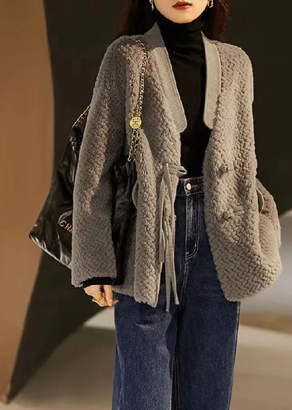 Vintage Grey V Neck Pockets Button Patchwork Wool Coat Winter Bomber Denim Leather