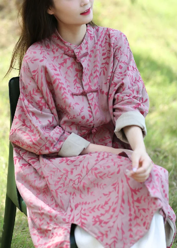 Vintage Pink Batwing Sleeve Oriental Button Pockets Print Cotton Coat Rayon Velvet Corduroy Vintage Pink Batwing Sleeve Oriental Button Pockets Print Cotton Coat Rayon Velvet Corduroy