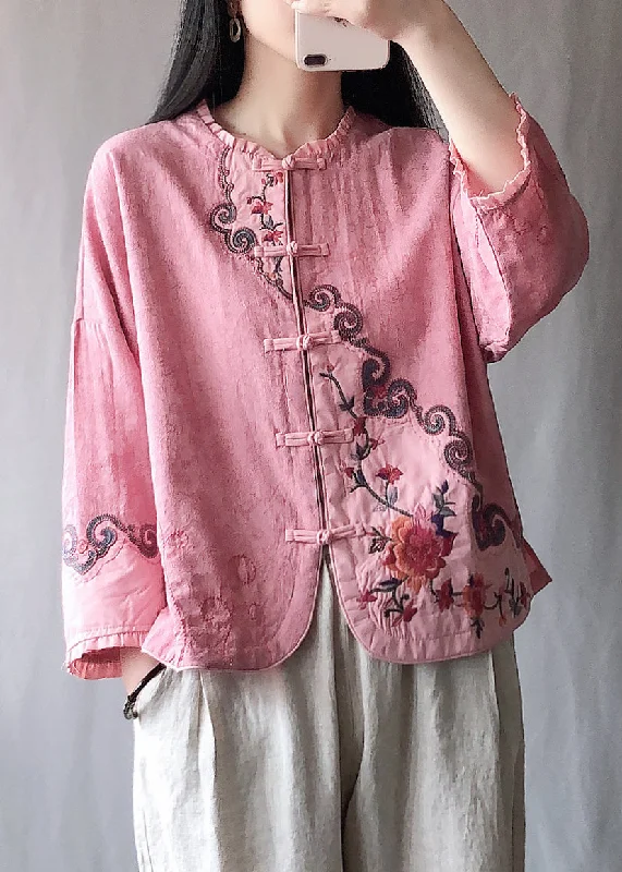 Vintage Pink Ruffled Embroideried Chinese Button Cotton Short Coat Spring Solid Print Jacquard Vintage Pink Ruffled Embroideried Chinese Button Cotton Short Coat Spring Solid Print Jacquard