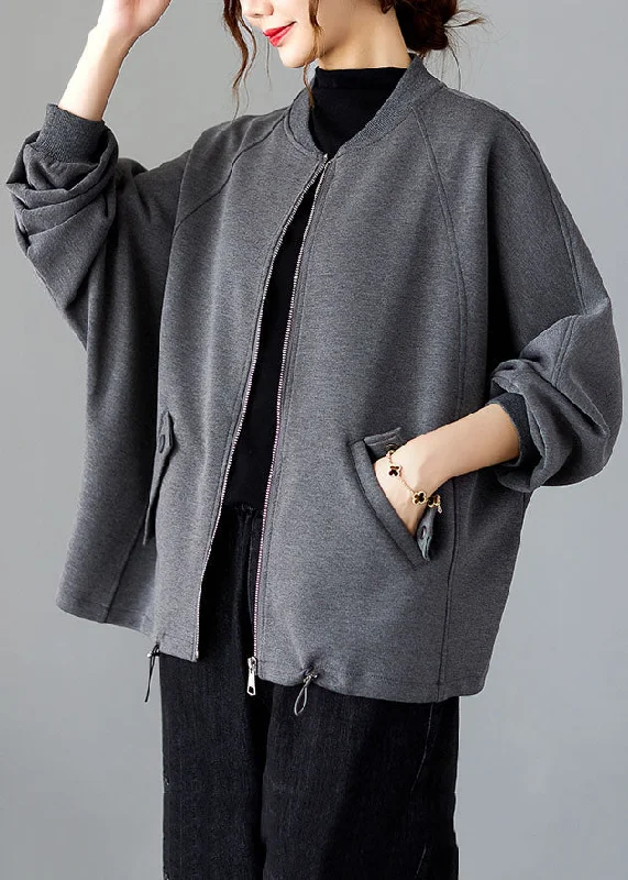 Vogue Grey O-Neck Patchwork Drawstring Coat Long Sleeve Tie-Waist Belted Drawstring