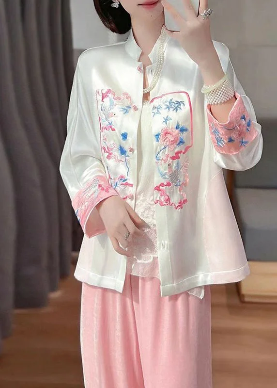 White Oriental Silk Coat Mandarin Collar Embroideried Spring Satin Silk Chiffon