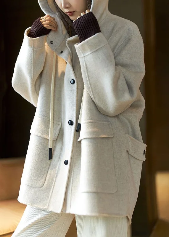 Women Beige Hooded Pockets Patchwork Wool Coat Spring Cuffed Rolled Raglan