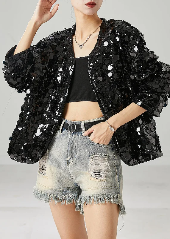 Women Black Sequins Oversized Coat Spring Turtleneck Jacket Crew Neck Jacket V-Neck Jacket Women Black Sequins Oversized Coat Spring Turtleneck Jacket Crew Neck Jacket V-Neck Jacket