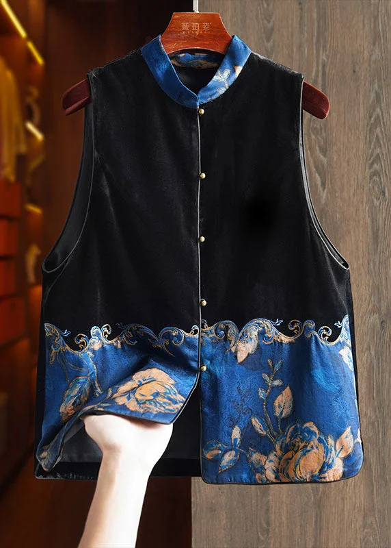 Women Black Stand Collar Embroideried Patchwork Silk Velour Waistcoat Sleeveless Casual Long Waistcoat Vest