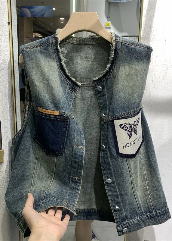Women Blue O-Neck Print Pockets Patchwork Waistcoat Sleeveless Classic Sleeveless Waistcoat Women Blue O-Neck Print Pockets Patchwork Waistcoat Sleeveless Classic Sleeveless Waistcoat