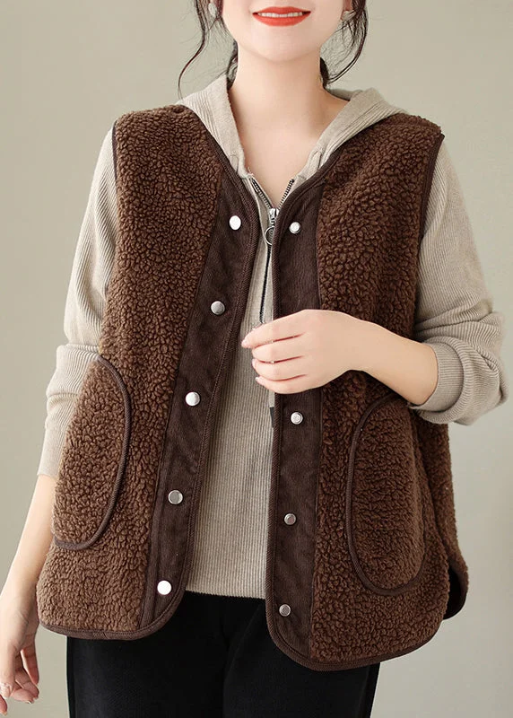Women Brown Button Pockets Teddy Faux Fur Waistcoat Sleeveless Stylish Padded Waistcoat Jacket Women Brown Button Pockets Teddy Faux Fur Waistcoat Sleeveless Stylish Padded Waistcoat Jacket