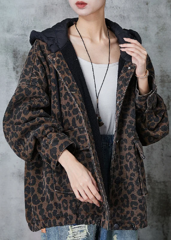 Women Coffee Hooded Leopard Print Warm Fleece Coat Spring Boat Shawl Notched