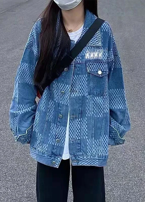Women Denim Blue Peter Pan Collar Pockets Plaid Print Coat Long Sleeve Elasticated Drawstring Belted Women Denim Blue Peter Pan Collar Pockets Plaid Print Coat Long Sleeve Elasticated Drawstring Belted