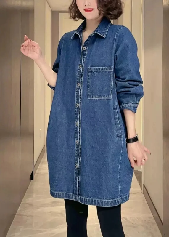 Women Denim Blue Pockets Patchwork Button Coat Fall Denim Leather Suede