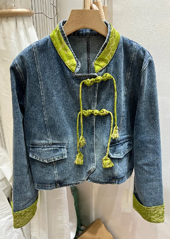 Women Green Stand Collar Chinese Button Denim Coat Spring Zip Front Button Front Snap Front Women Green Stand Collar Chinese Button Denim Coat Spring Zip Front Button Front Snap Front