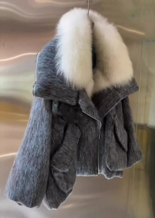 Women Grey Fur Collar Pockets Cotton Filled Coat Winter Stole Shawl Scarf