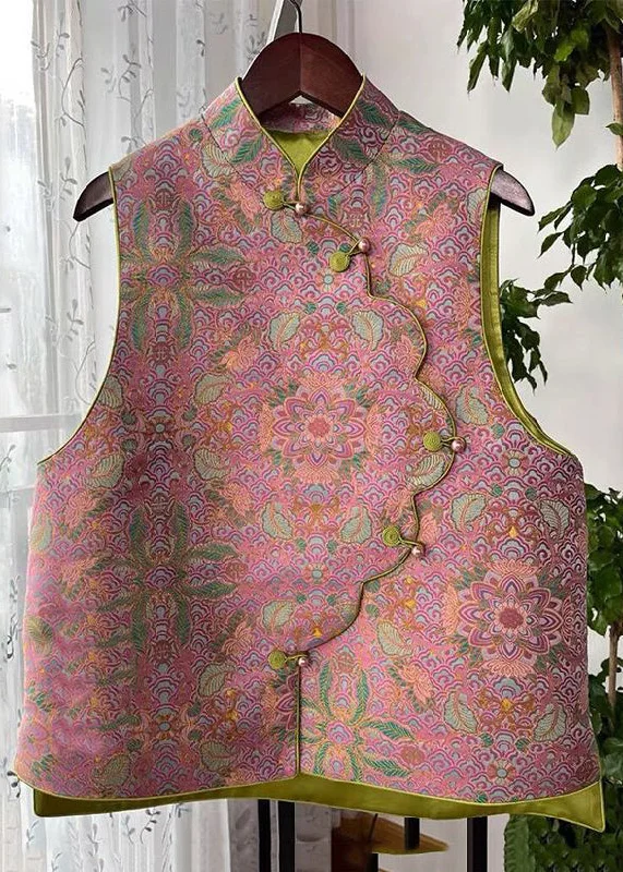Women Pink Asymmetrical Button Print Cotton Waistcoat Sleeveless Comfortable Wool-Lined Waistcoat Women Pink Asymmetrical Button Print Cotton Waistcoat Sleeveless Comfortable Wool-Lined Waistcoat